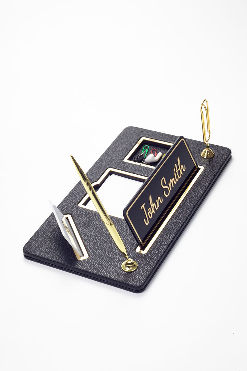 Organizer Leather Desk Nameplate Black Gold Detailed