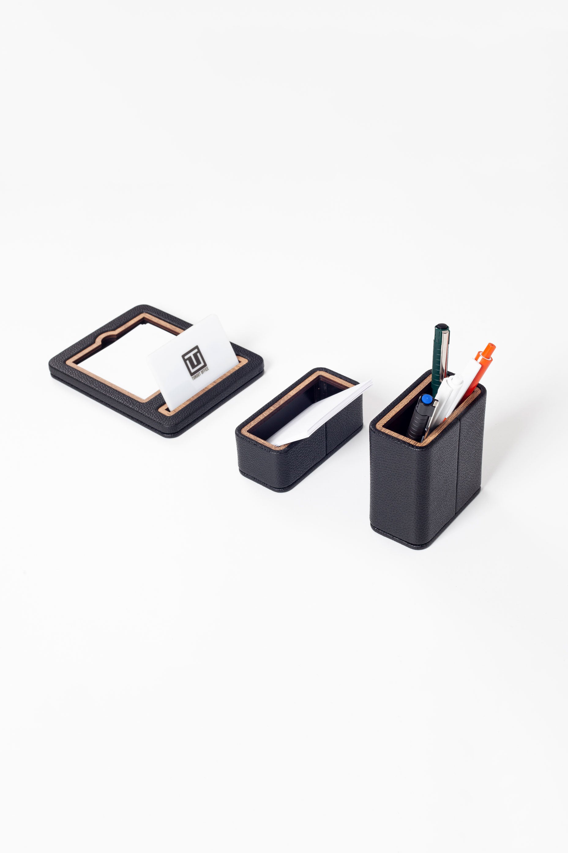 Capella Leather Desktop Set Black 3 Pcs. Wooden Detailed