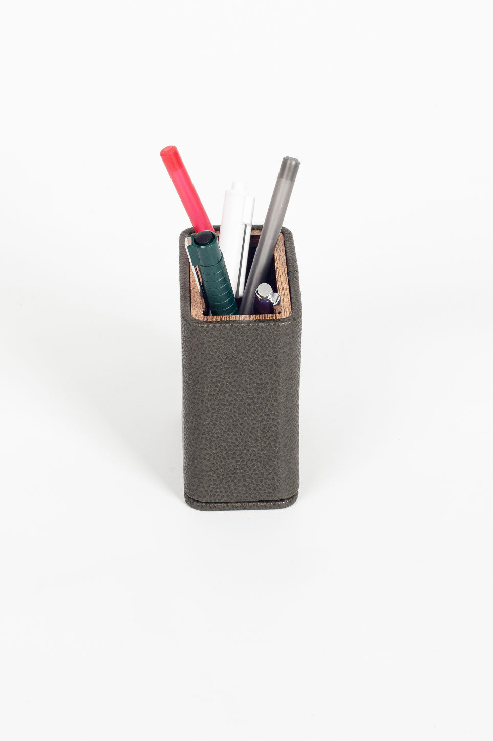 Desktop Leather Wood Detailed Pencil Holder Khaki Green
