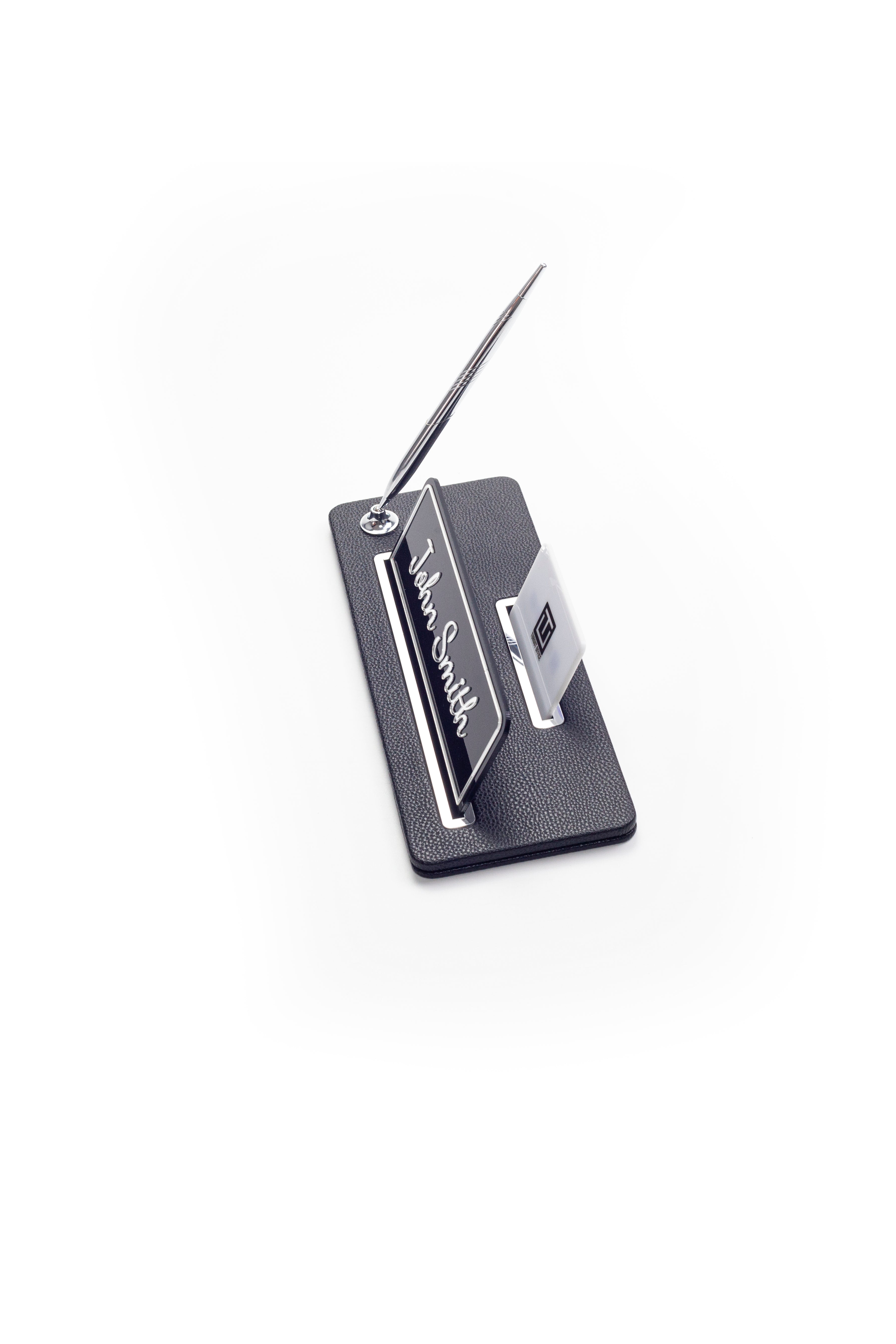 Leather Desk Name Holder Chrome Detailed