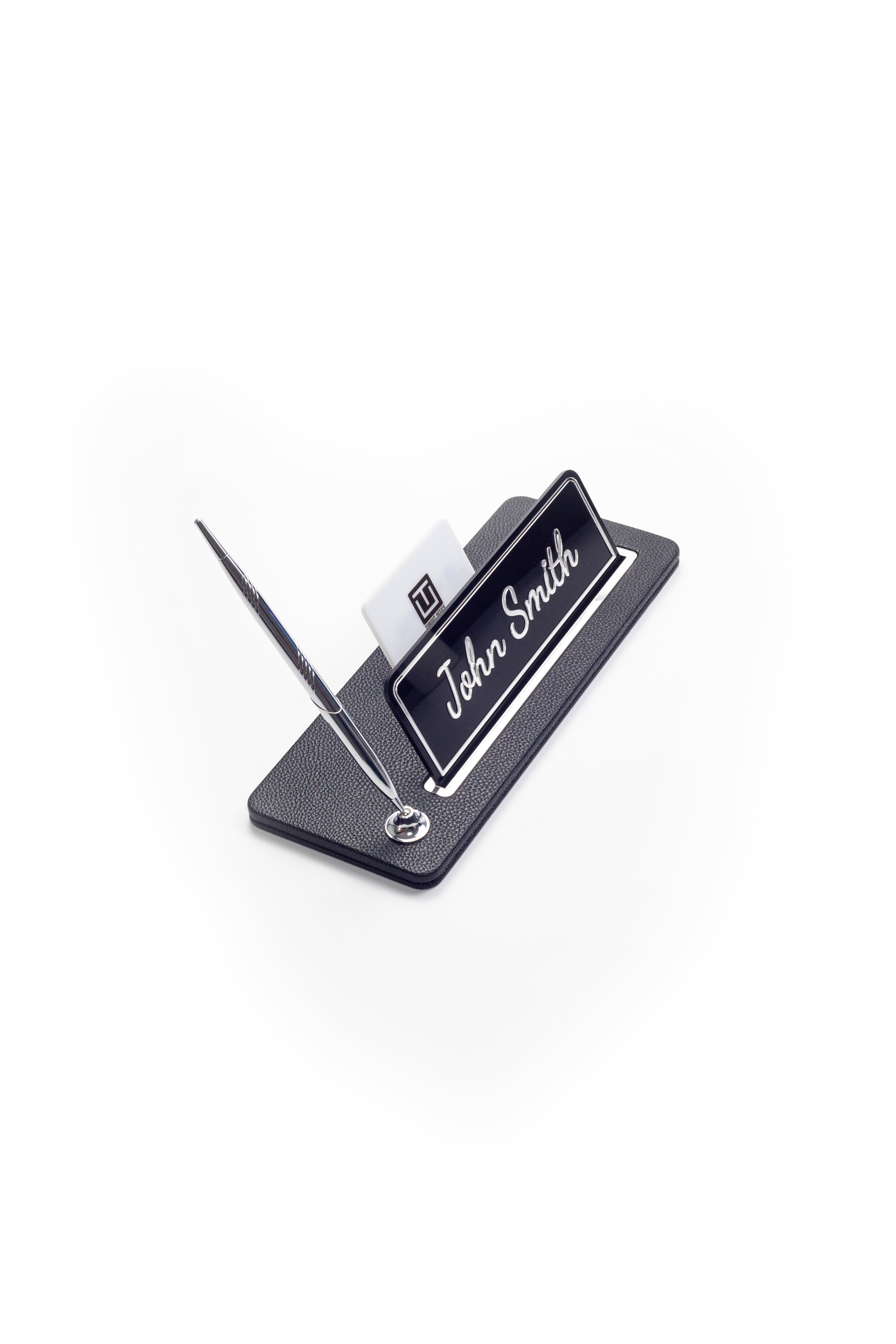 Leather Desk Name Holder Chrome Detailed