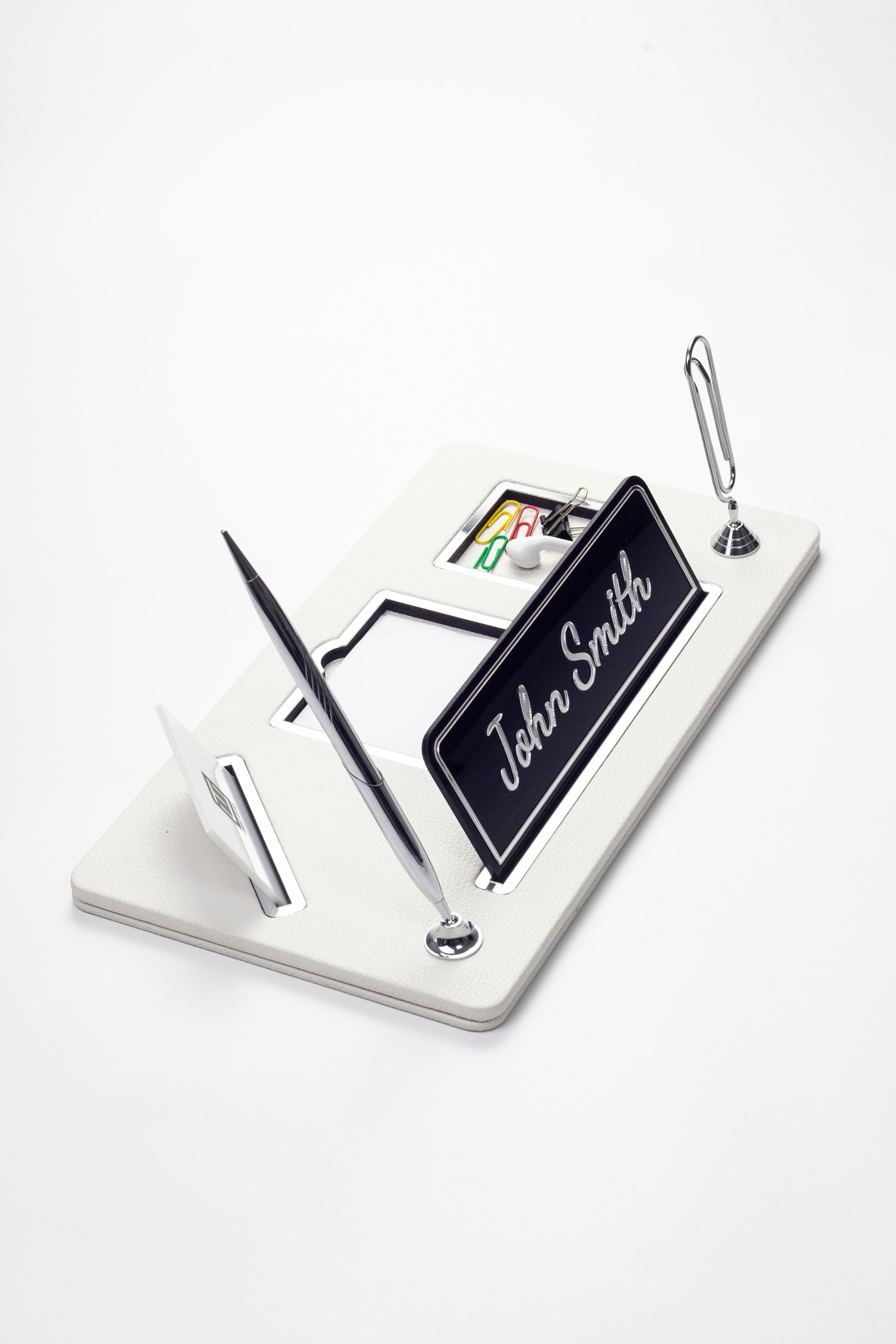 Organizer Leather Desk Nameplate Chrome Detailed