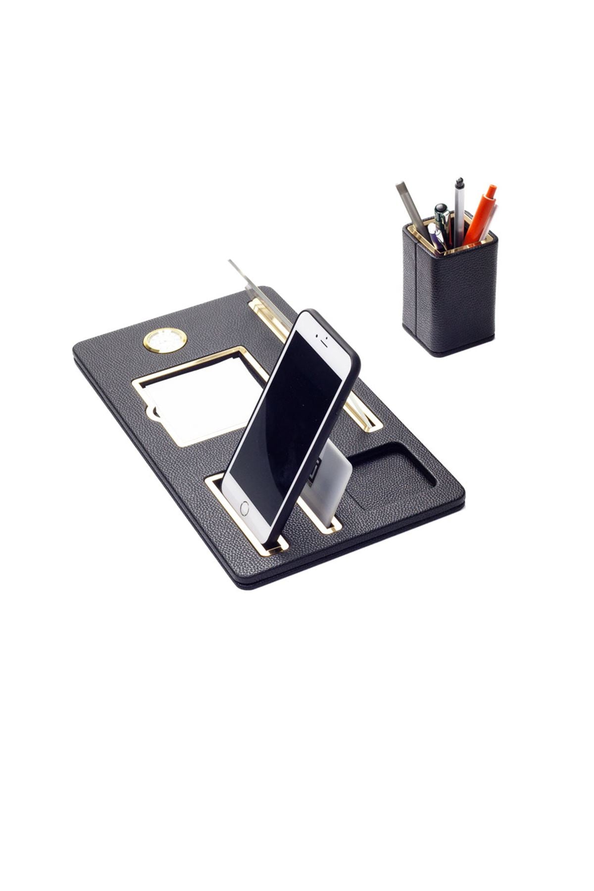 لوحة اسم مكتبية من الجلد، منظم أسود ذهبي مزود بساعة وحامل أقلام مفصل.