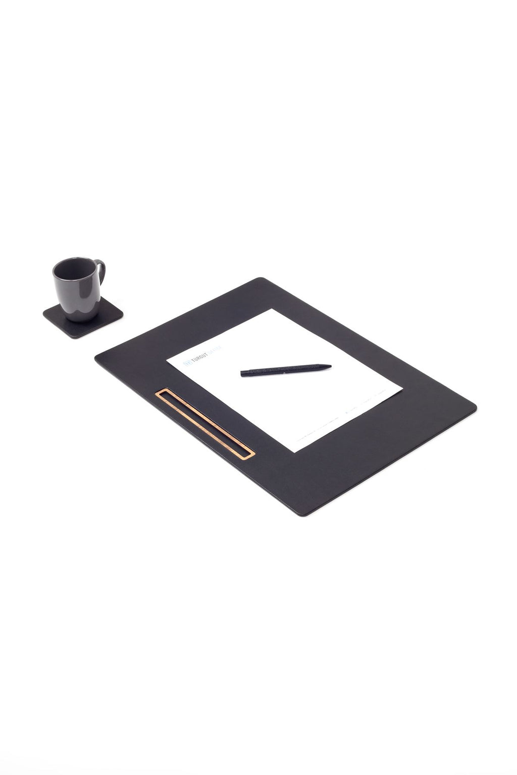 مكتب اجتماعات من الجلد أسود، تصميم خشبي أفقي مفصل، مقاس 49 × 34 سم.