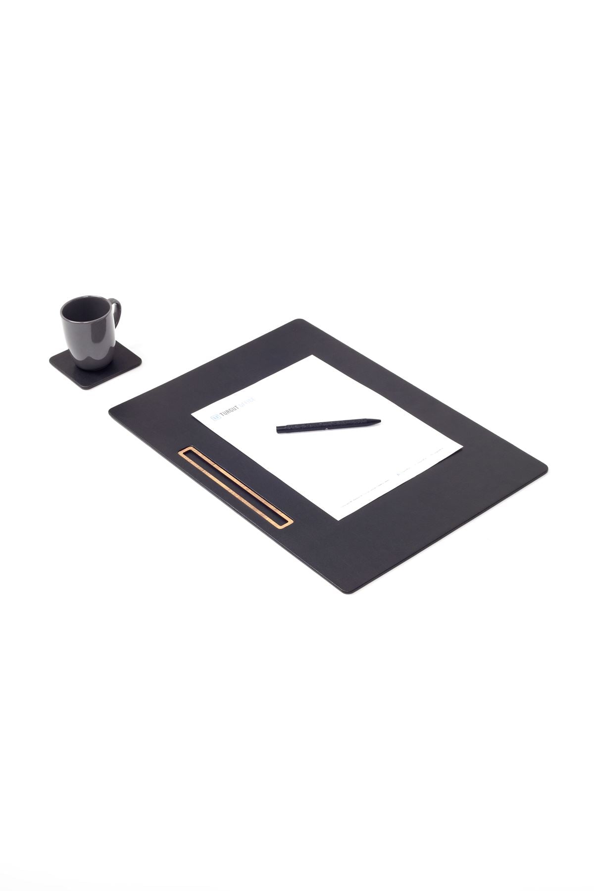 مكتب اجتماعات من الجلد أسود، تصميم خشبي أفقي مفصل، مقاس 49 × 34 سم.