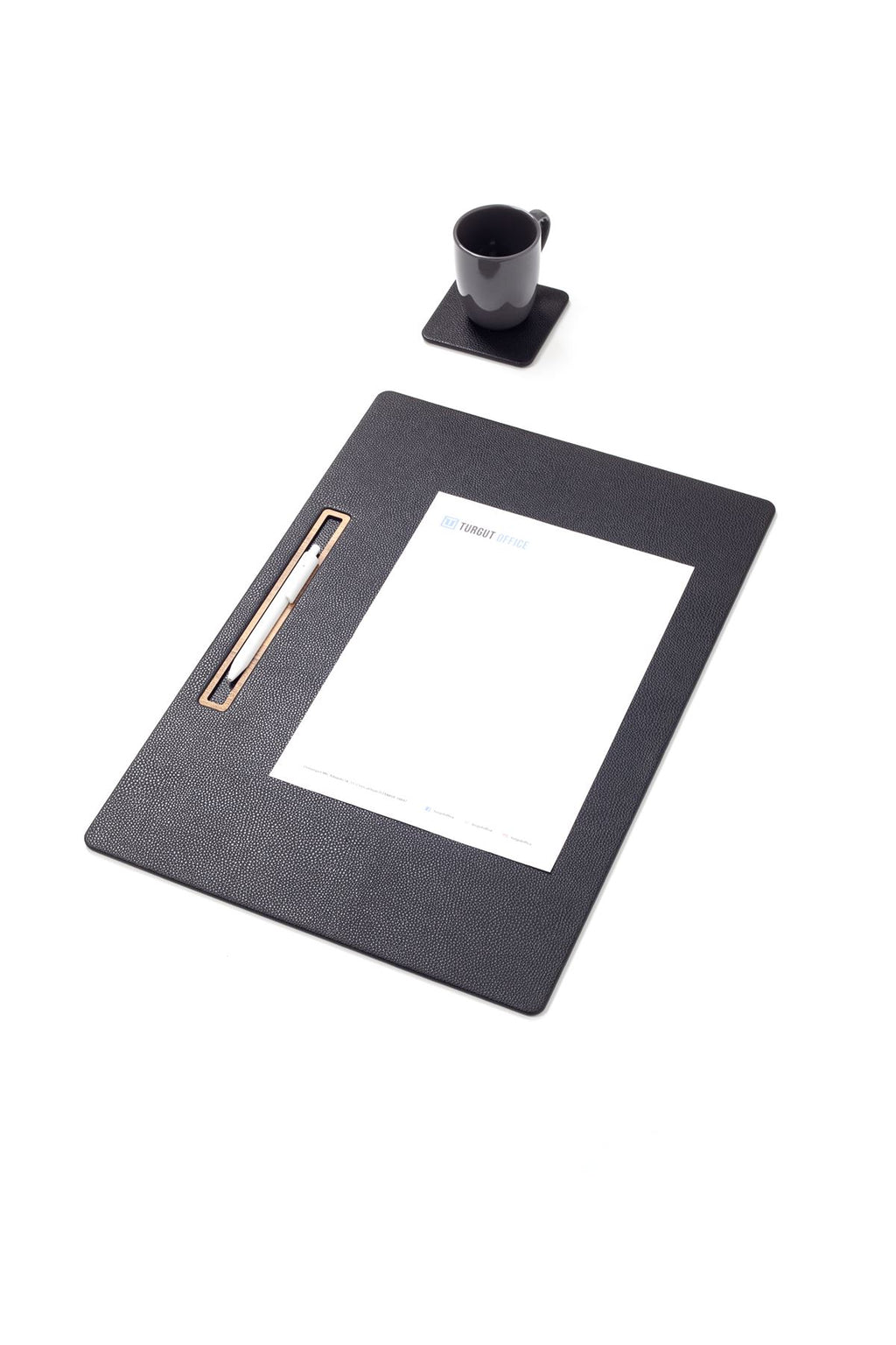 مكتب اجتماعات من الجلد أسود، تصميم خشبي أفقي مفصل، مقاس 49 × 34 سم.