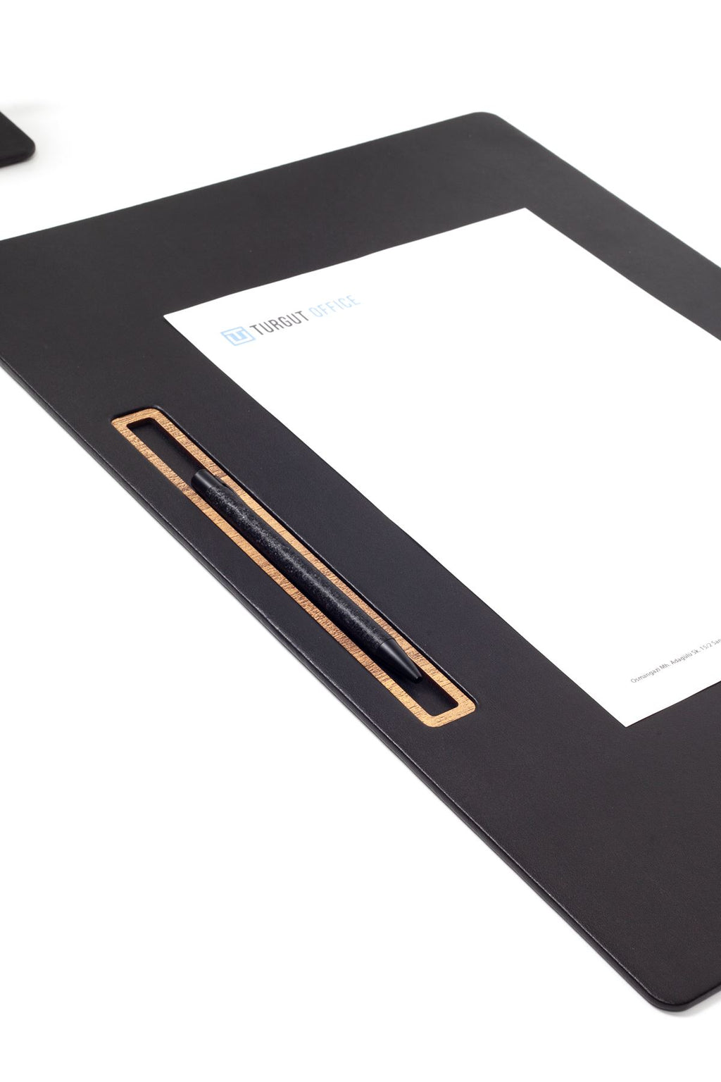 مكتب اجتماعات من الجلد أسود، تصميم خشبي أفقي مفصل، مقاس 49 × 34 سم.