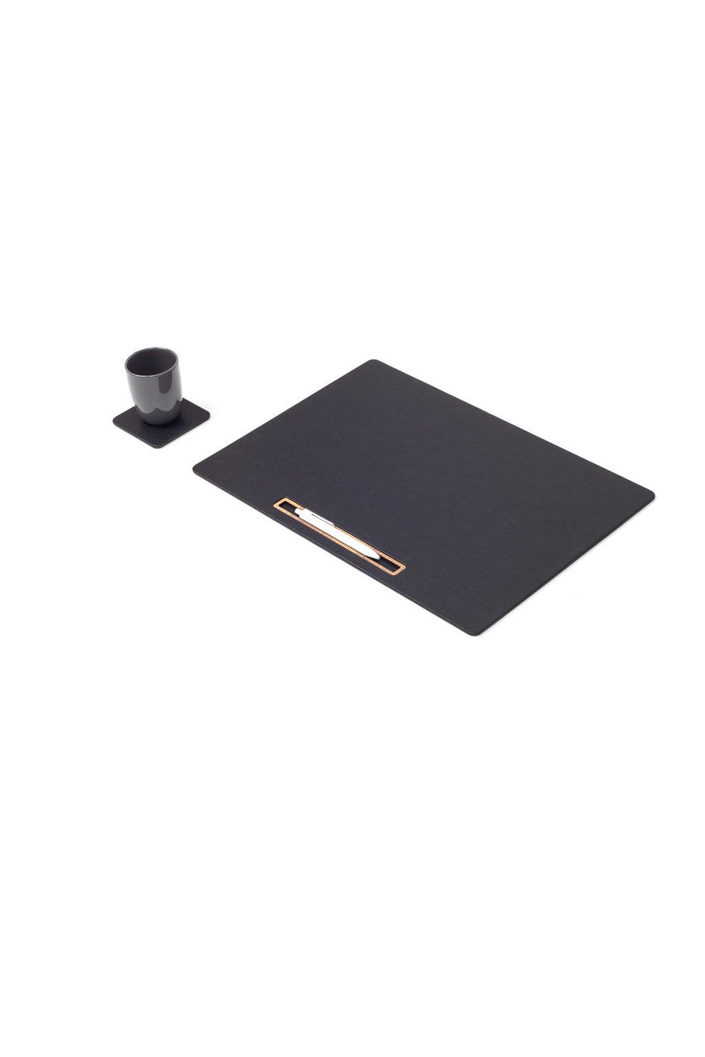 مكتب اجتماعات من الجلد أسود، تصميم خشبي أفقي مفصل، مقاس 49 × 34 سم.