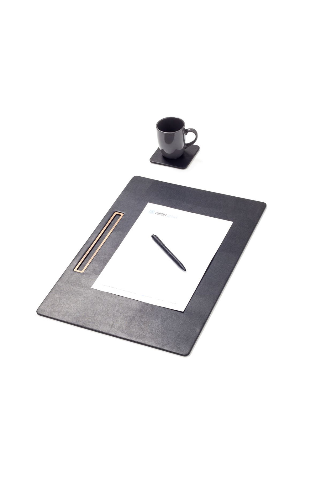 مكتب اجتماعات من الجلد أسود، تصميم خشبي أفقي مفصل، مقاس 49 × 34 سم.