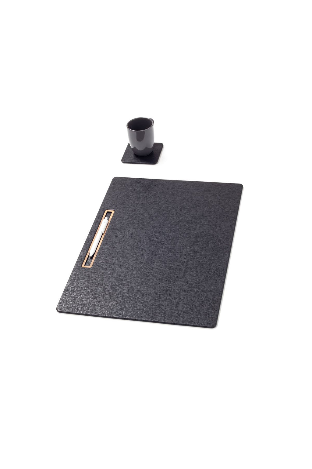 مكتب اجتماعات من الجلد أسود، تصميم خشبي أفقي مفصل، مقاس 49 × 34 سم.