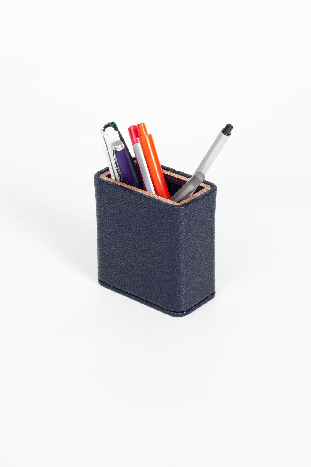 Desktop Leather Wood Detailed Pencil Holder Navy Blue