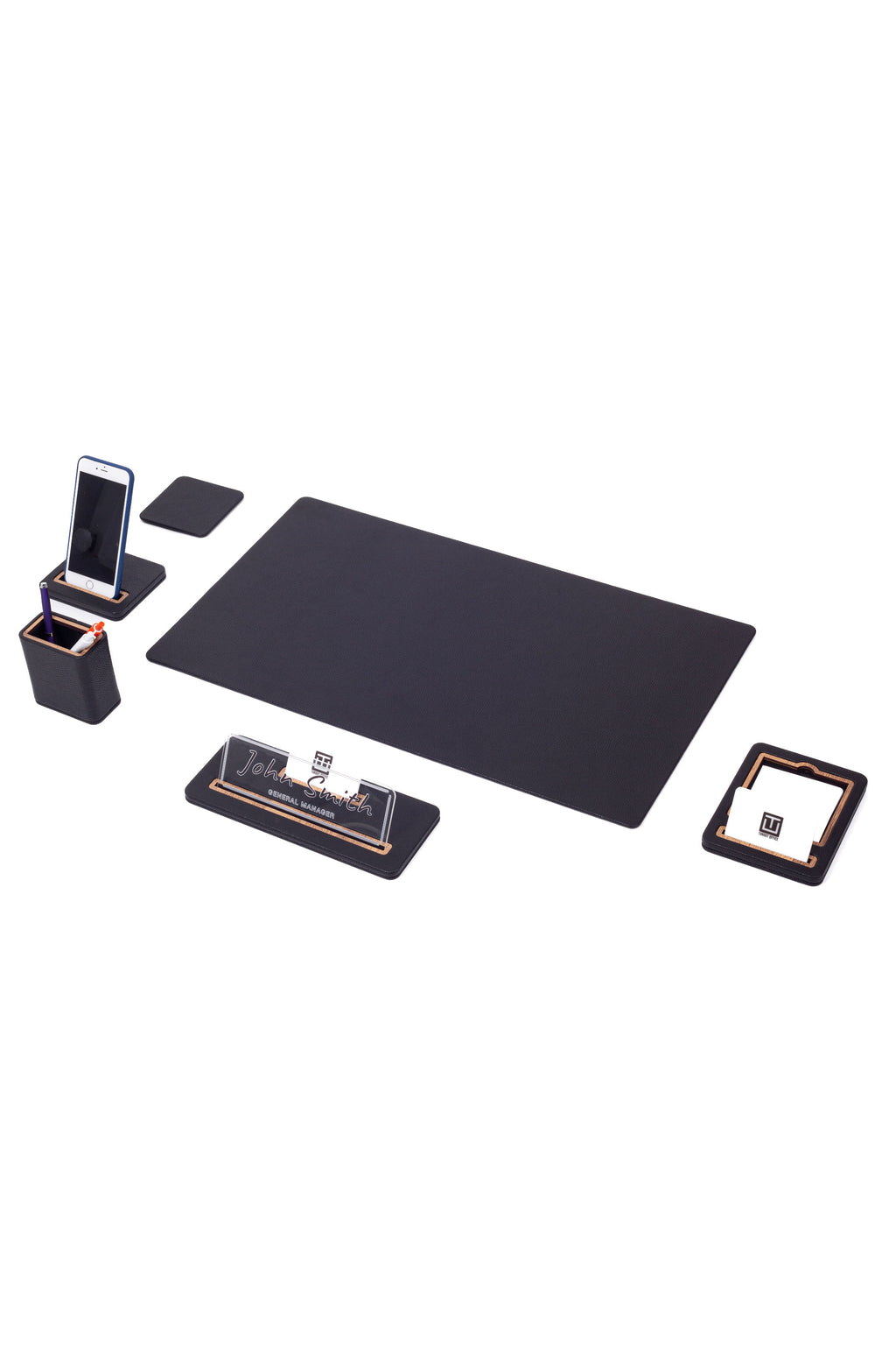 طقم مكتب سيروس الجلدي مكون من 6 قطع مع لوحة اسم للمكتب