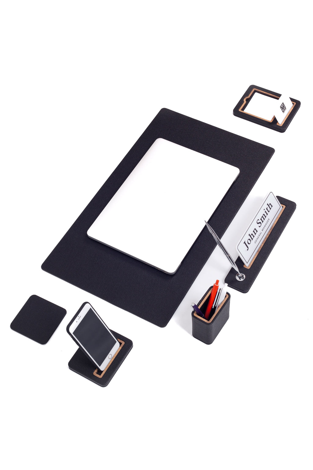 طقم مكتب لينكون الجلدي مكون من 6 قطع مع لوحة اسم.