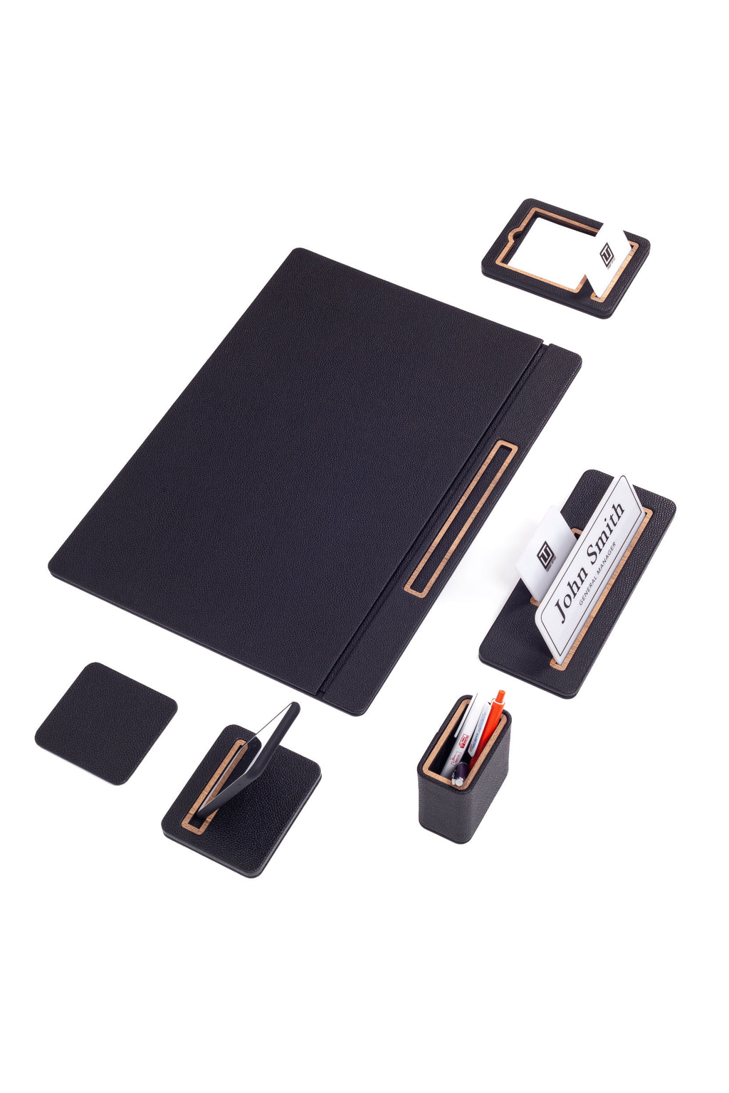 طقم مكتب سيروس الجلدي، 6 قطع، طراز مكتب مغطى مع لوحة اسم.