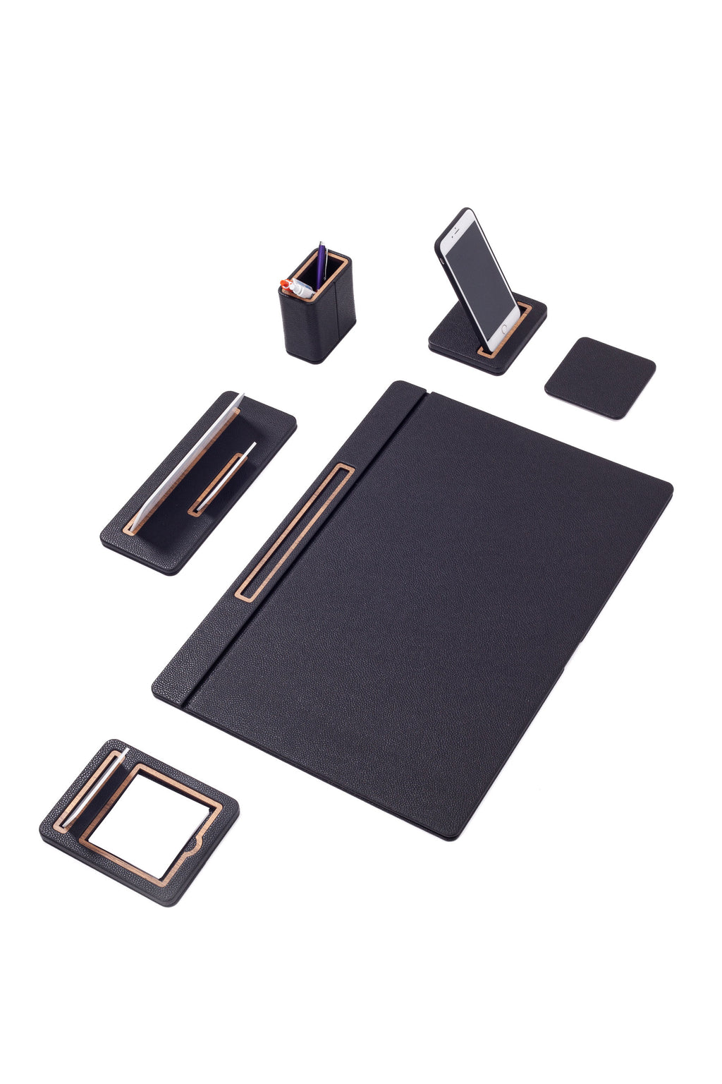 طقم مكتب سيروس الجلدي، 6 قطع، طراز مكتب مغطى مع لوحة اسم.