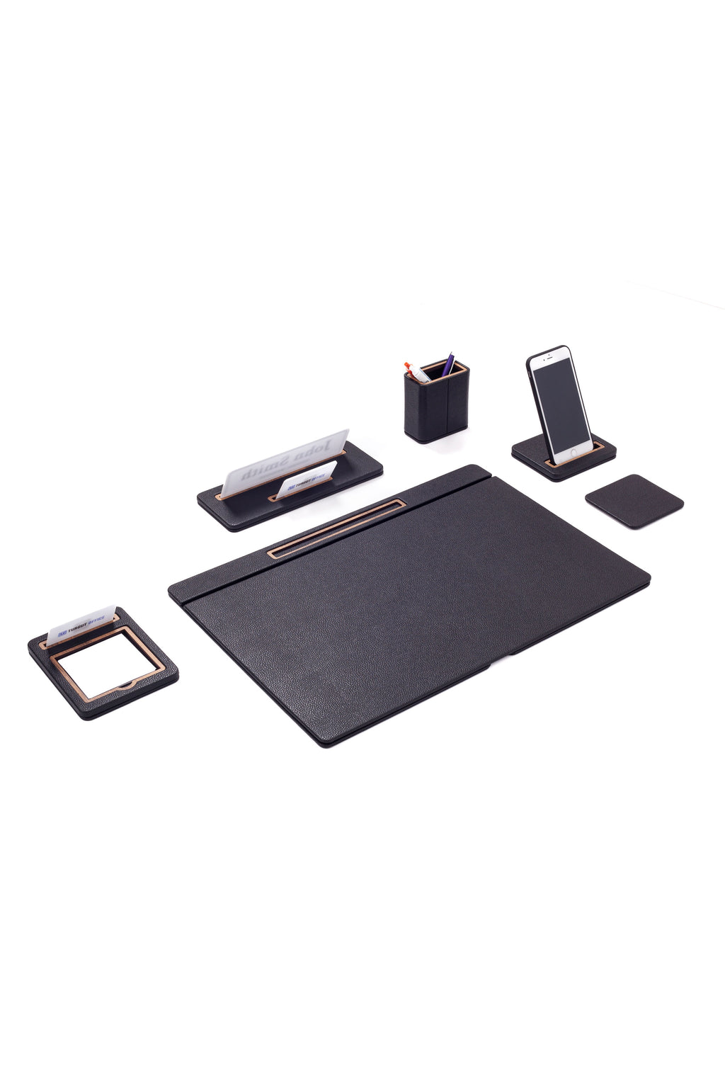 طقم مكتب سيروس الجلدي، 6 قطع، طراز مكتب مغطى مع لوحة اسم.