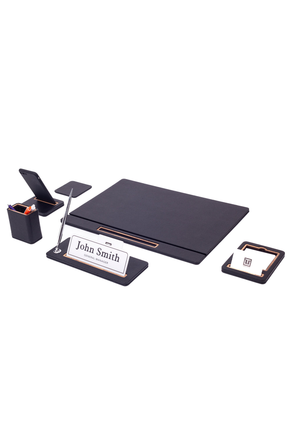 طقم مكتب من الجلد من كافالي، 6 قطع، طراز مكتب مغطى مع لوحة اسم.