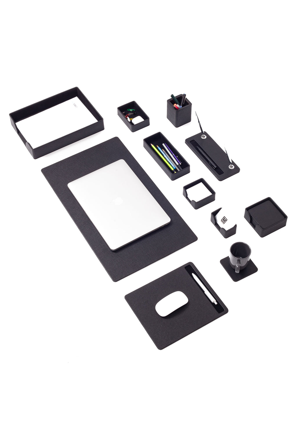 مجموعة مكتبية من الجلد الأسود من روما، 11 قطعة