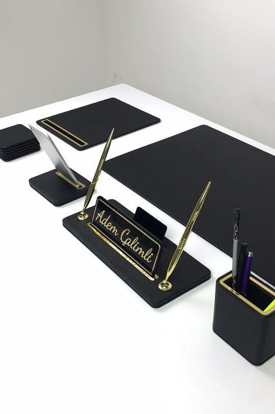 Capella Leather Desk Set Black Gold Detailed 7 Pieces