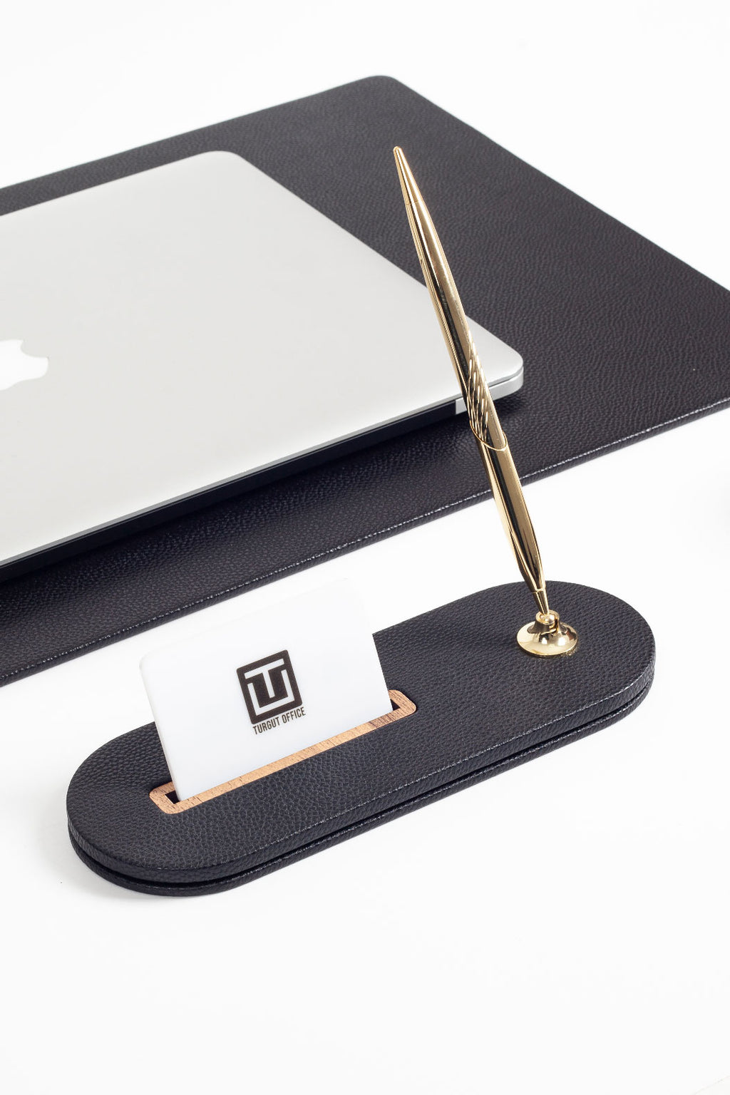 طقم مكتب من الجلد من بولو بلس، أسود، 5 قطع، تفاصيل خشبية.