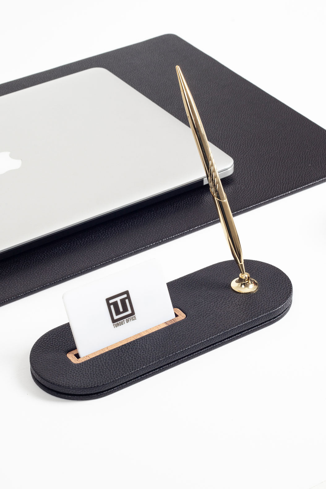 طقم مكتب من الجلد من بولو بلس، أسود، 5 قطع، تفاصيل خشبية.