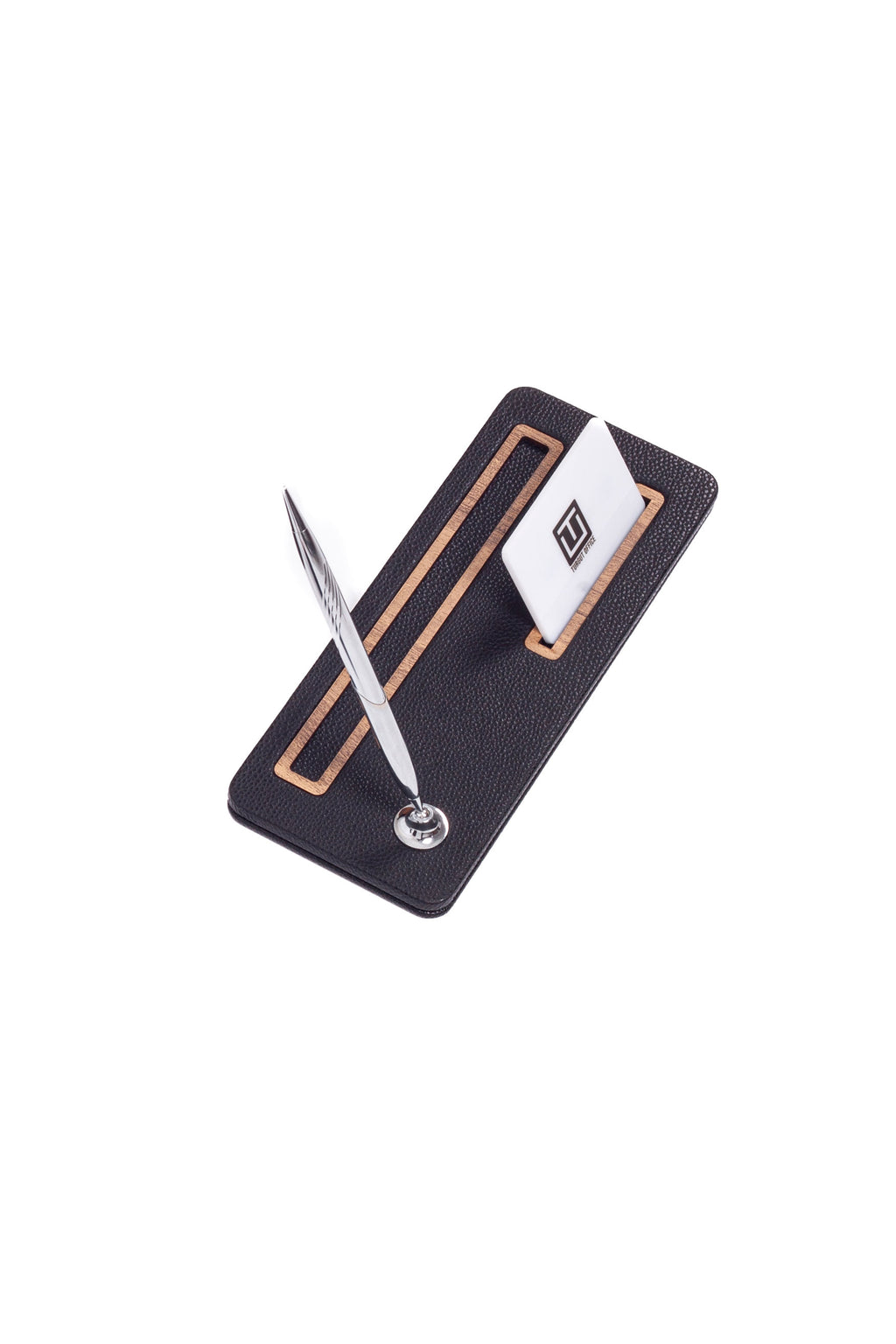 وحدة أقلام مكتبية من الجلد من بورتو، سوداء، خشبية، أنيقة.