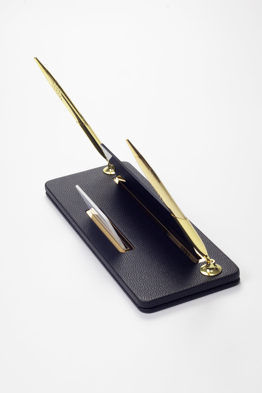 Leather Desk Name Holder with Two Pens Black Gold Detailed
