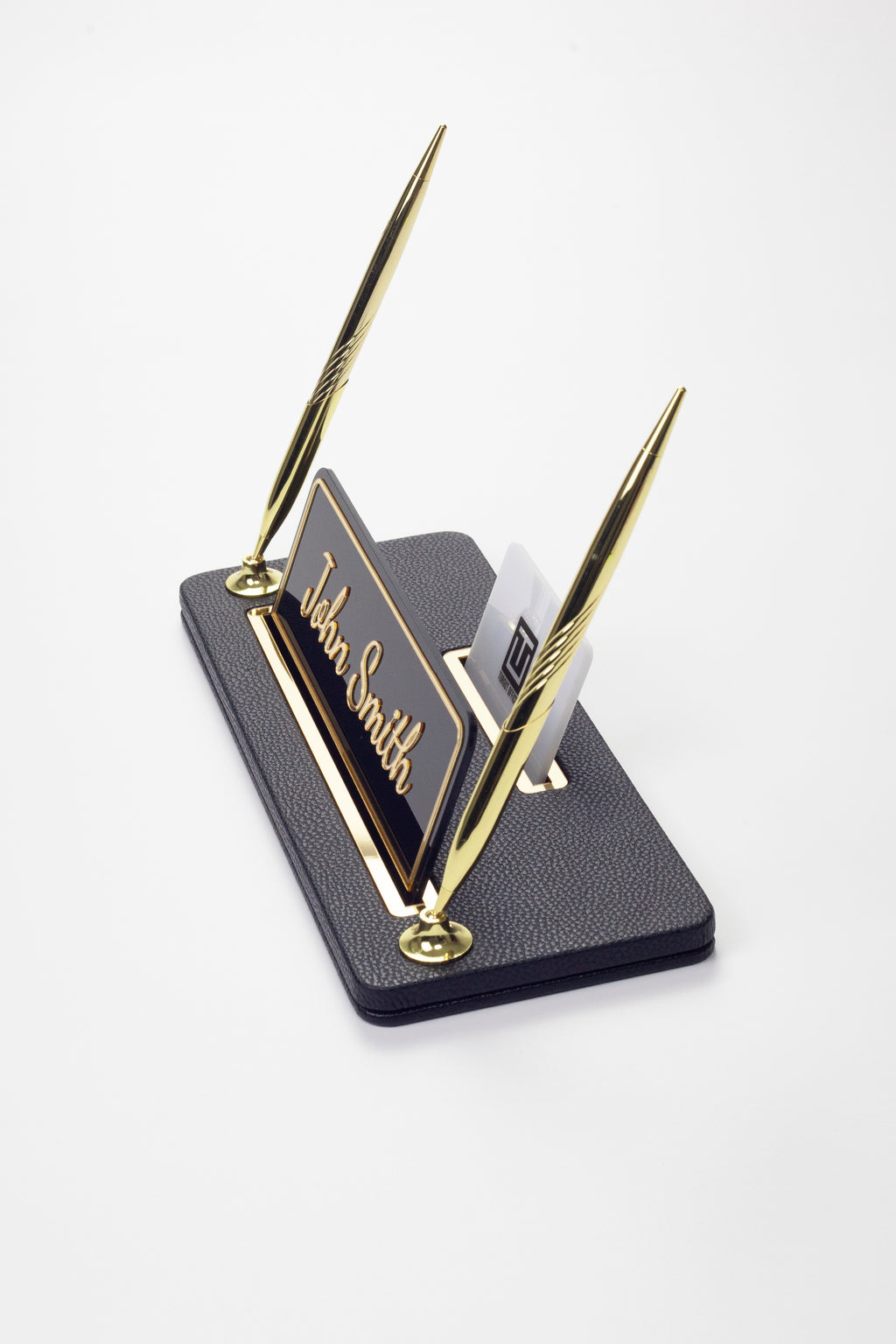 Leather Desk Name Holder with Two Pens Black Gold Detailed