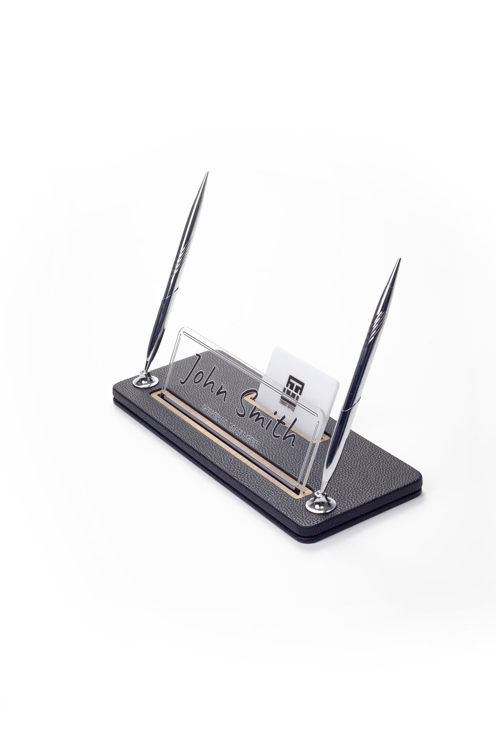 حامل اسم مكتبي من الجلد مع قلمي حبر أسود بتفاصيل خشبية