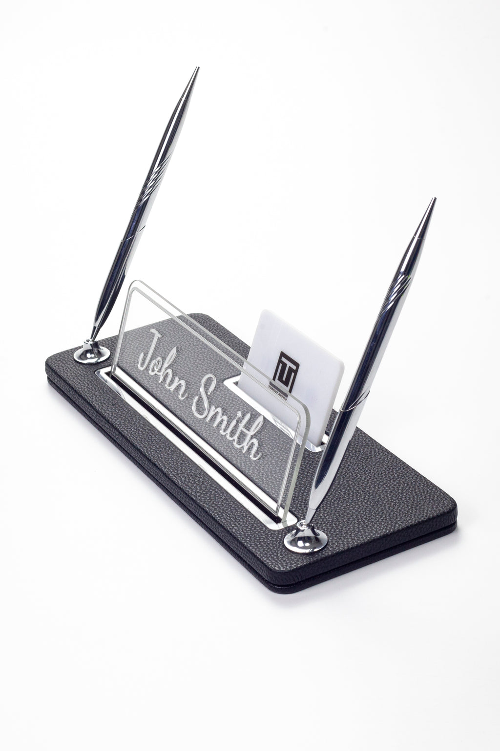 Leather Desk Name Holder with Two Pens Black Chrome Detailed