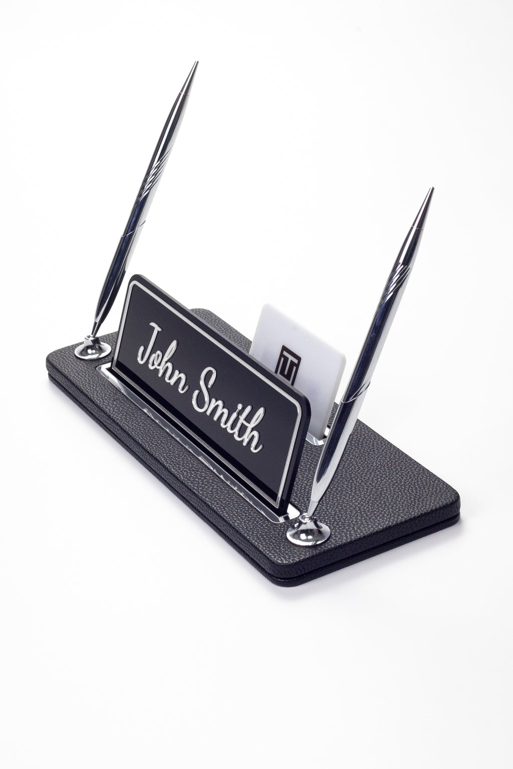 Leather Desk Name Holder with Two Pens Black Chrome Detailed