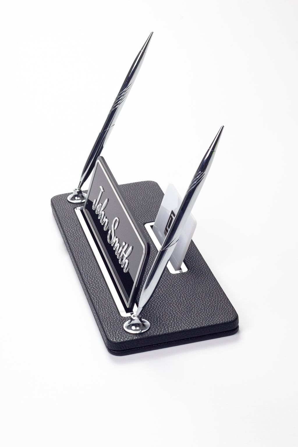 Leather Desk Name Holder with Two Pens Black Chrome Detailed