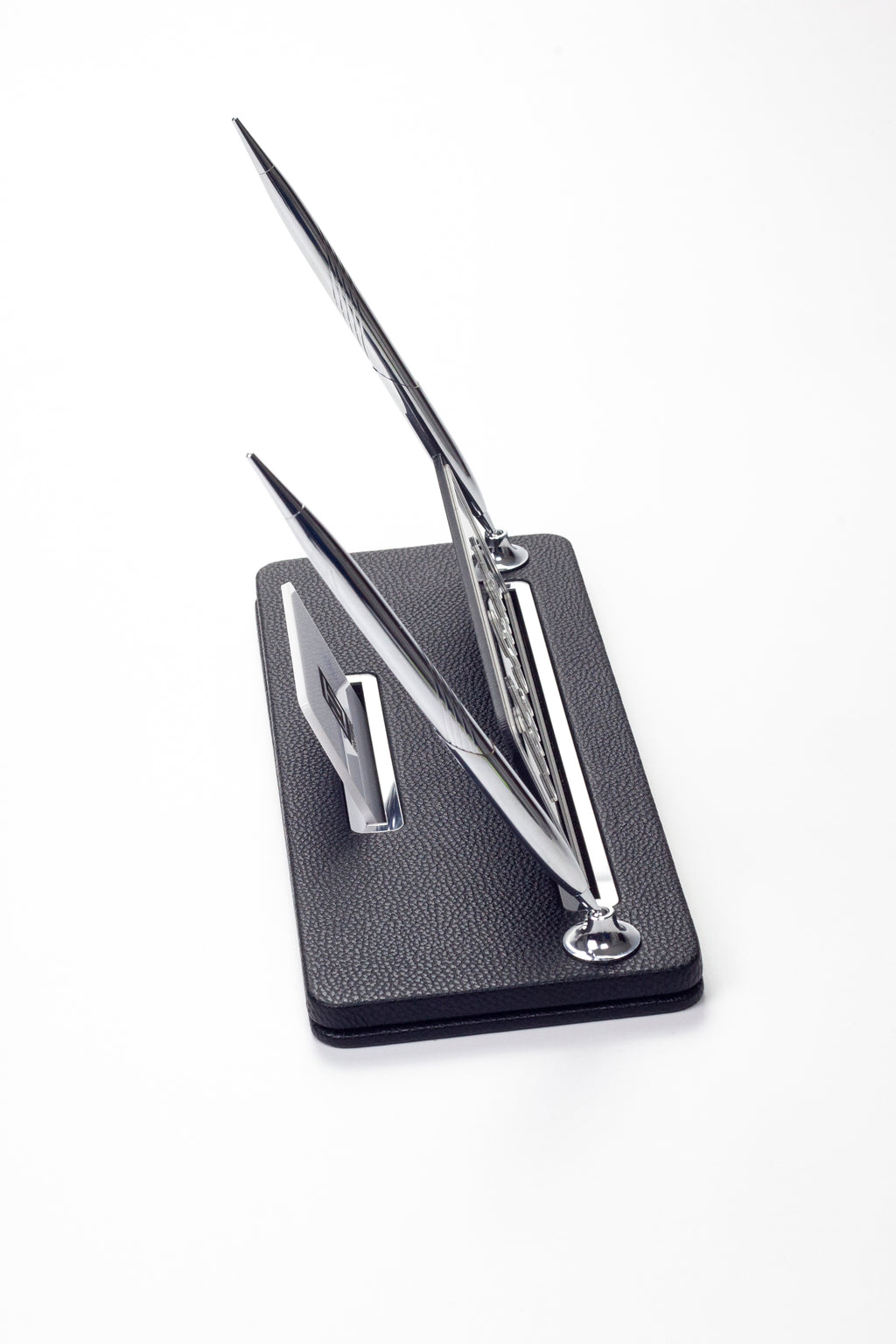 Leather Desk Name Holder with Two Pens Black Chrome Detailed