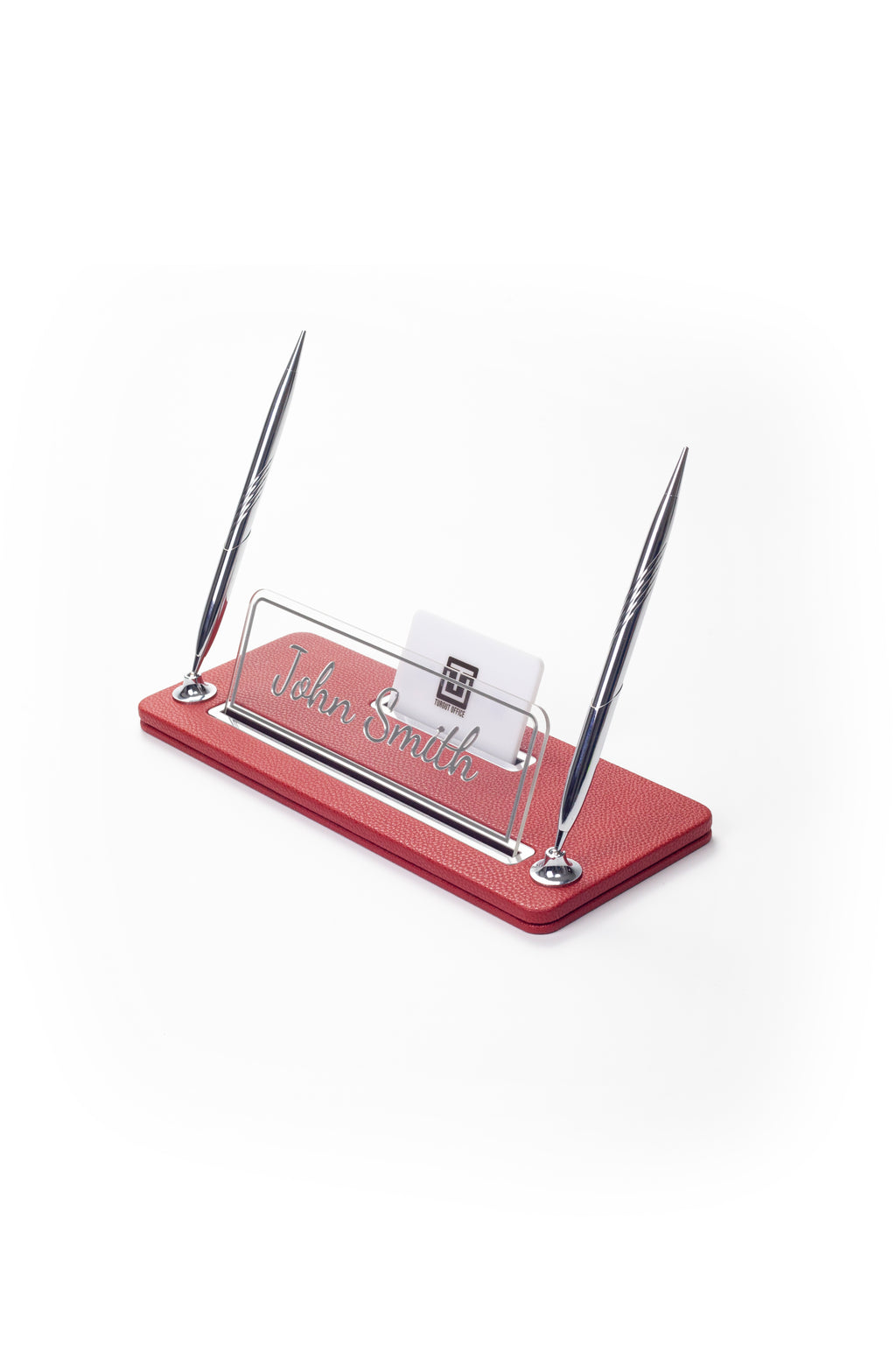 Leather Desk Name Holder with Two Pens Black Chrome Detailed