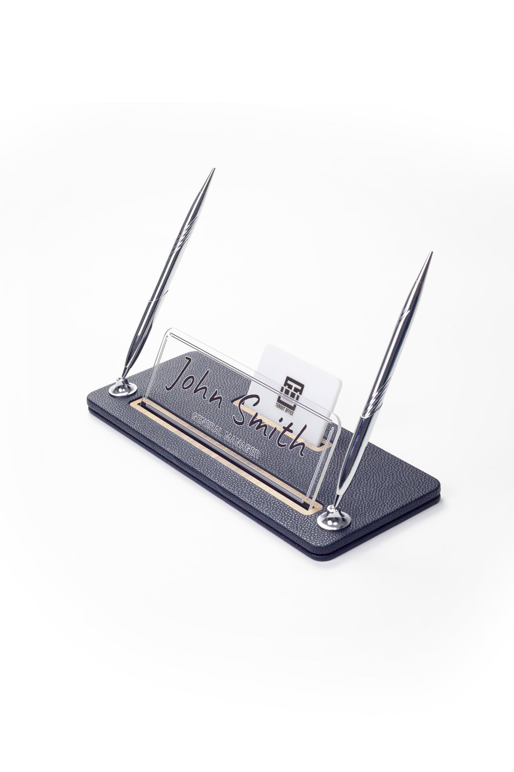 حامل اسم مكتبي من الجلد مع قلمي حبر أسود بتفاصيل خشبية