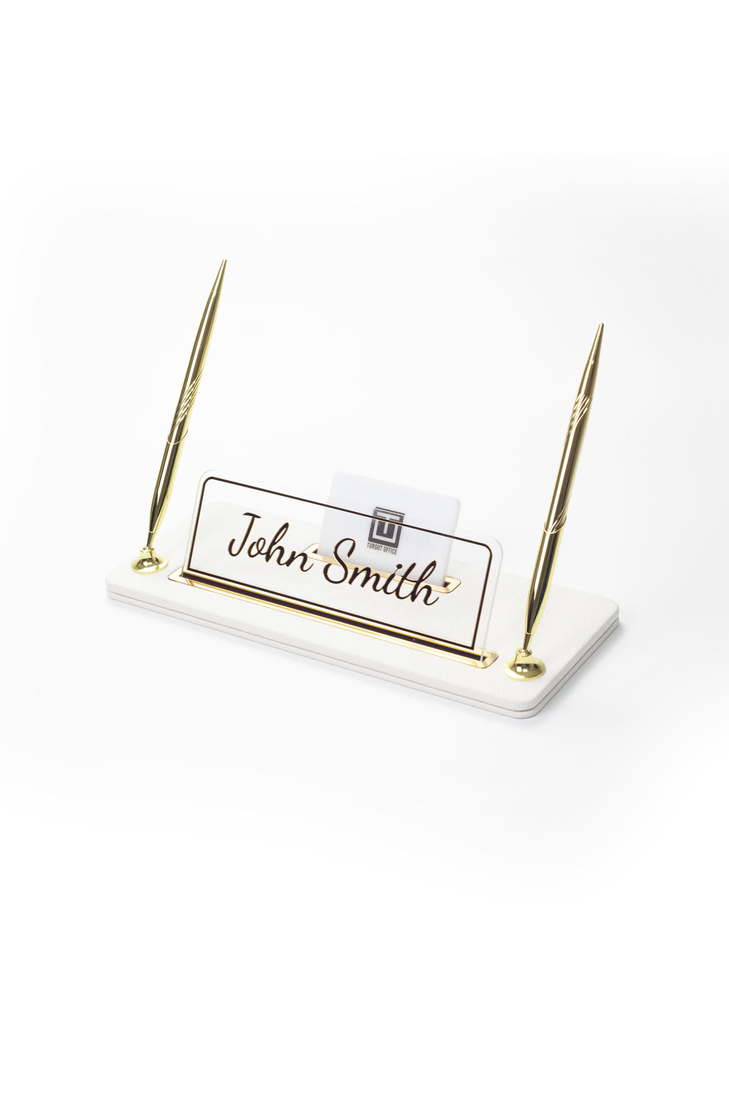 Leather Desk Name Holder with Two Pens Black Gold Detailed