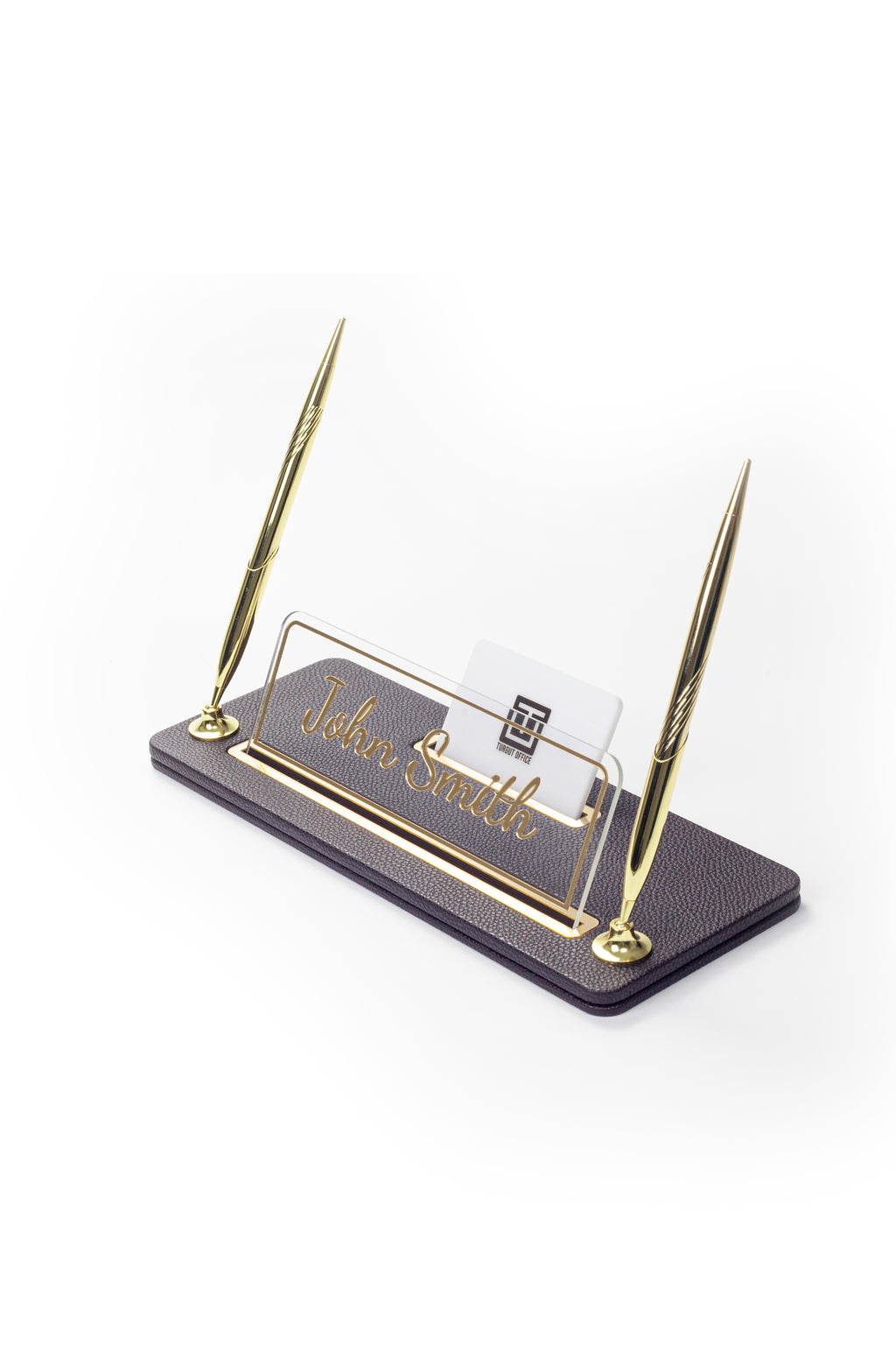 Leather Desk Name Holder with Two Pens Black Gold Detailed