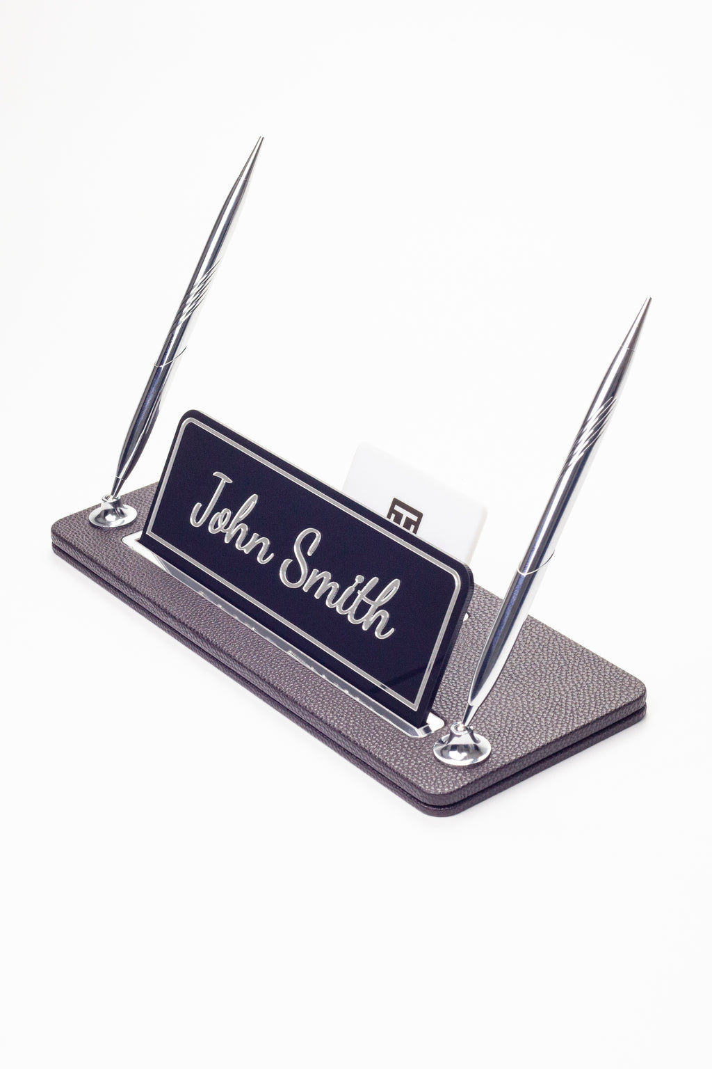 Leather Desk Name Holder with Two Pens Black Chrome Detailed
