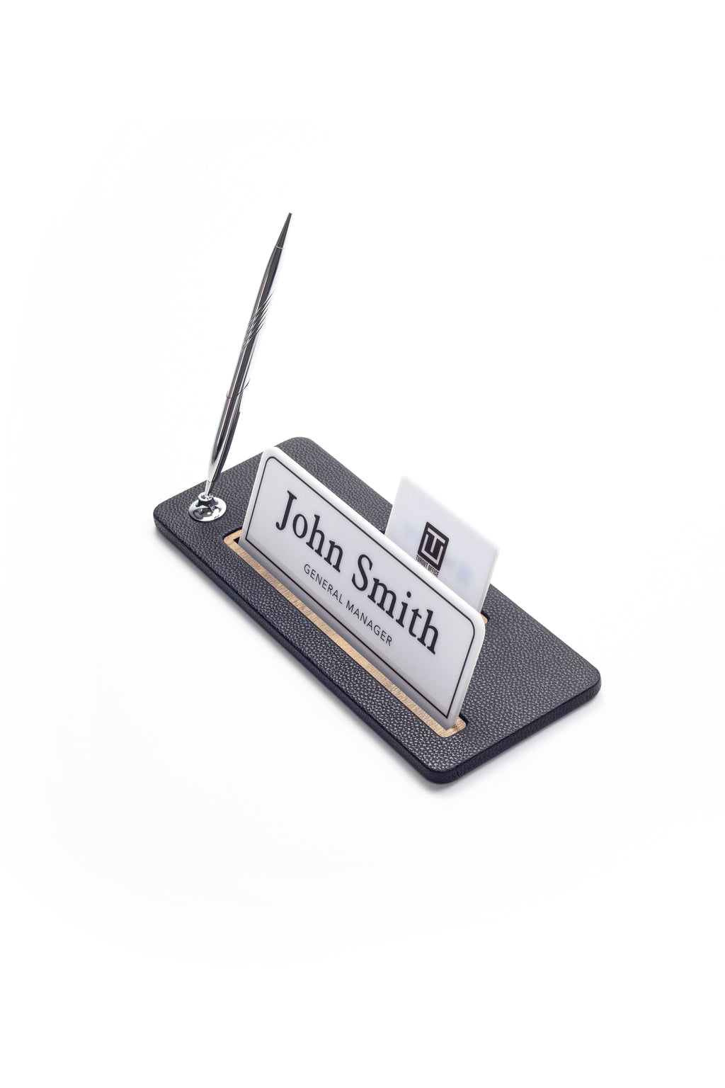 حامل اسم مكتبي من الجلد بتفاصيل خشبية