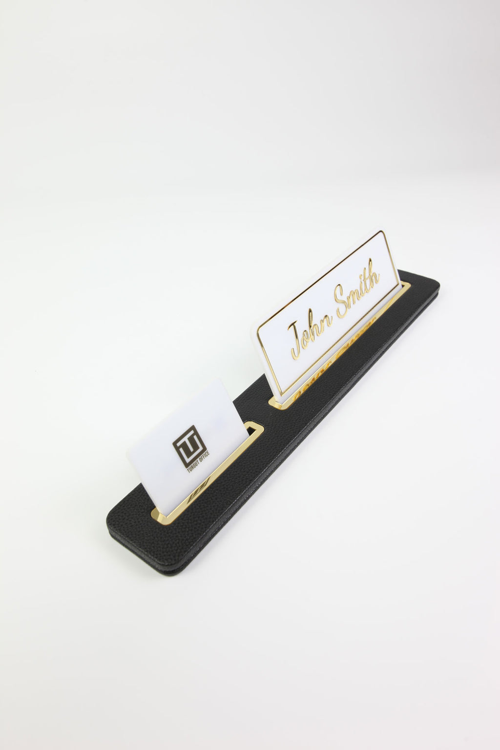 Leather Desk Nameplate Black Long Gold Detailed - Nameplate and Business Card Holder