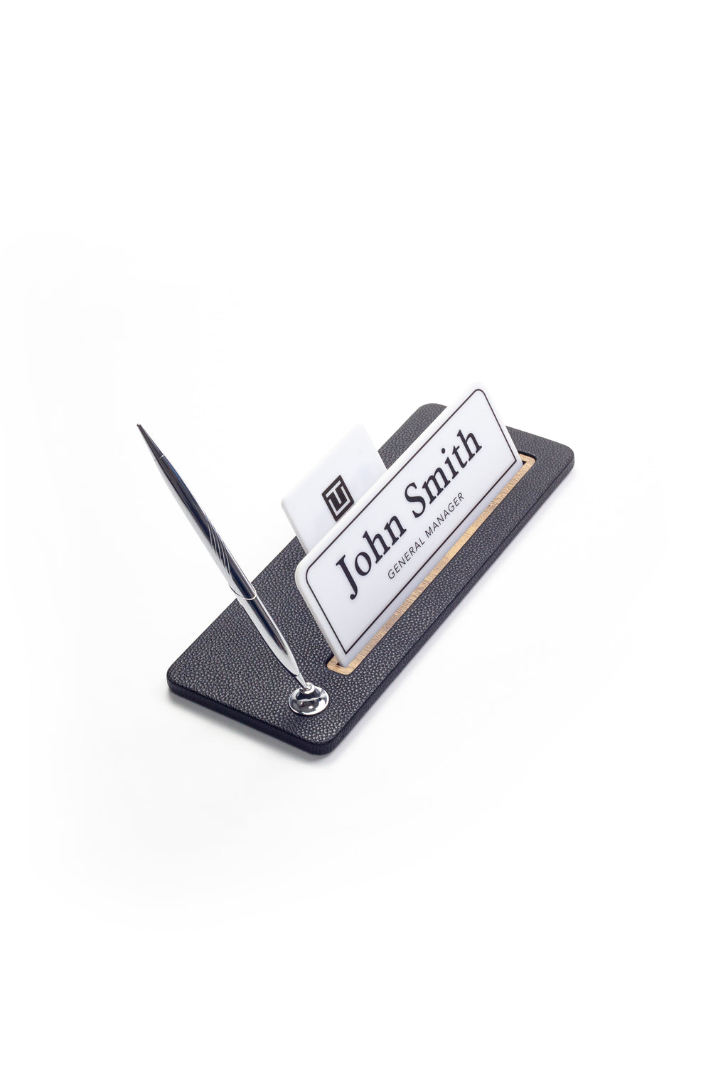 حامل اسم مكتبي من الجلد بتفاصيل خشبية