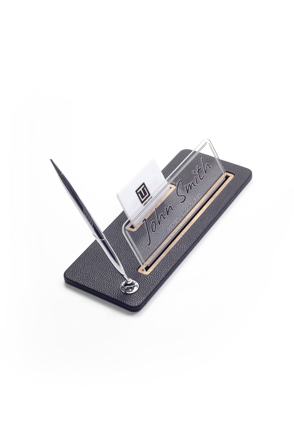 حامل اسم مكتبي من الجلد بتفاصيل خشبية