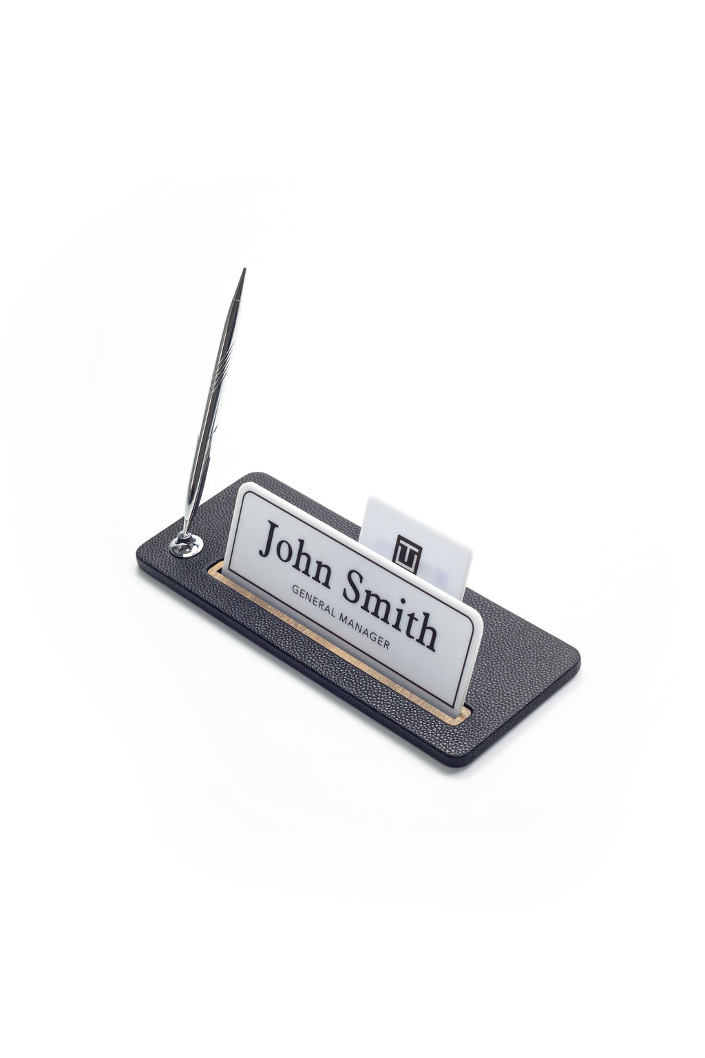 حامل اسم مكتبي من الجلد بتفاصيل خشبية