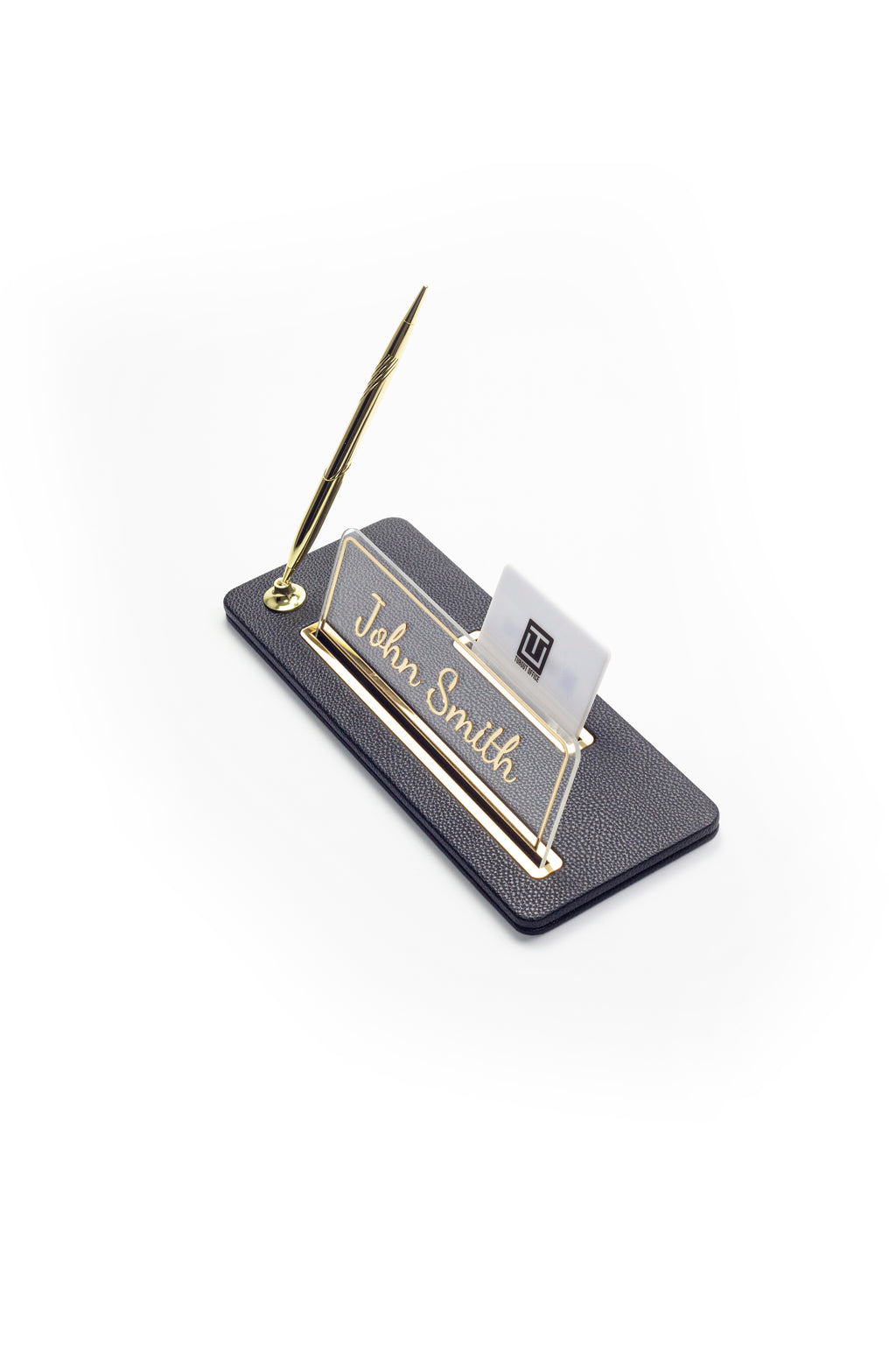 حامل اسم مكتبي من الجلد بتفاصيل ذهبية