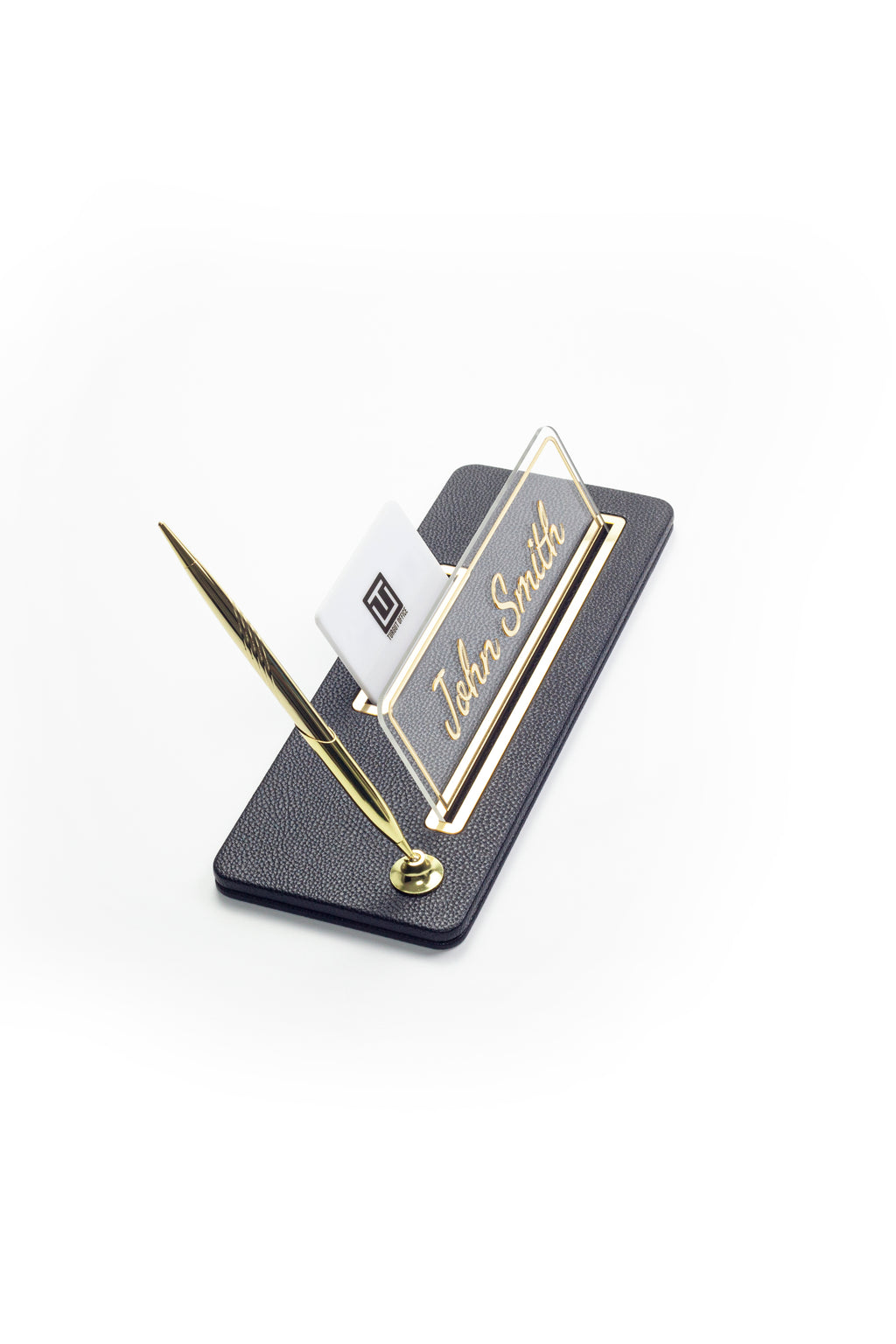 حامل اسم مكتبي من الجلد بتفاصيل ذهبية