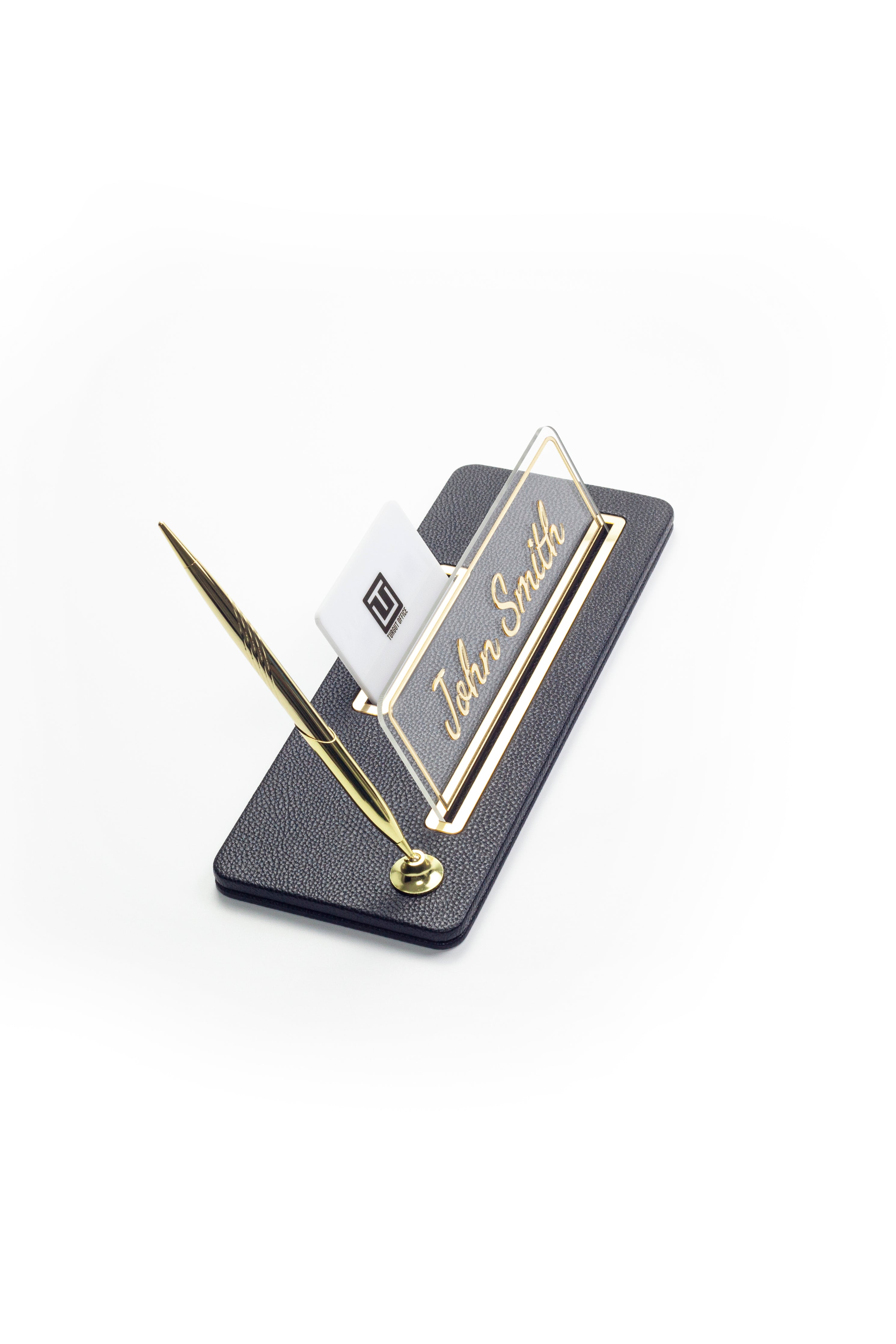 حامل اسم مكتبي من الجلد بتفاصيل ذهبية