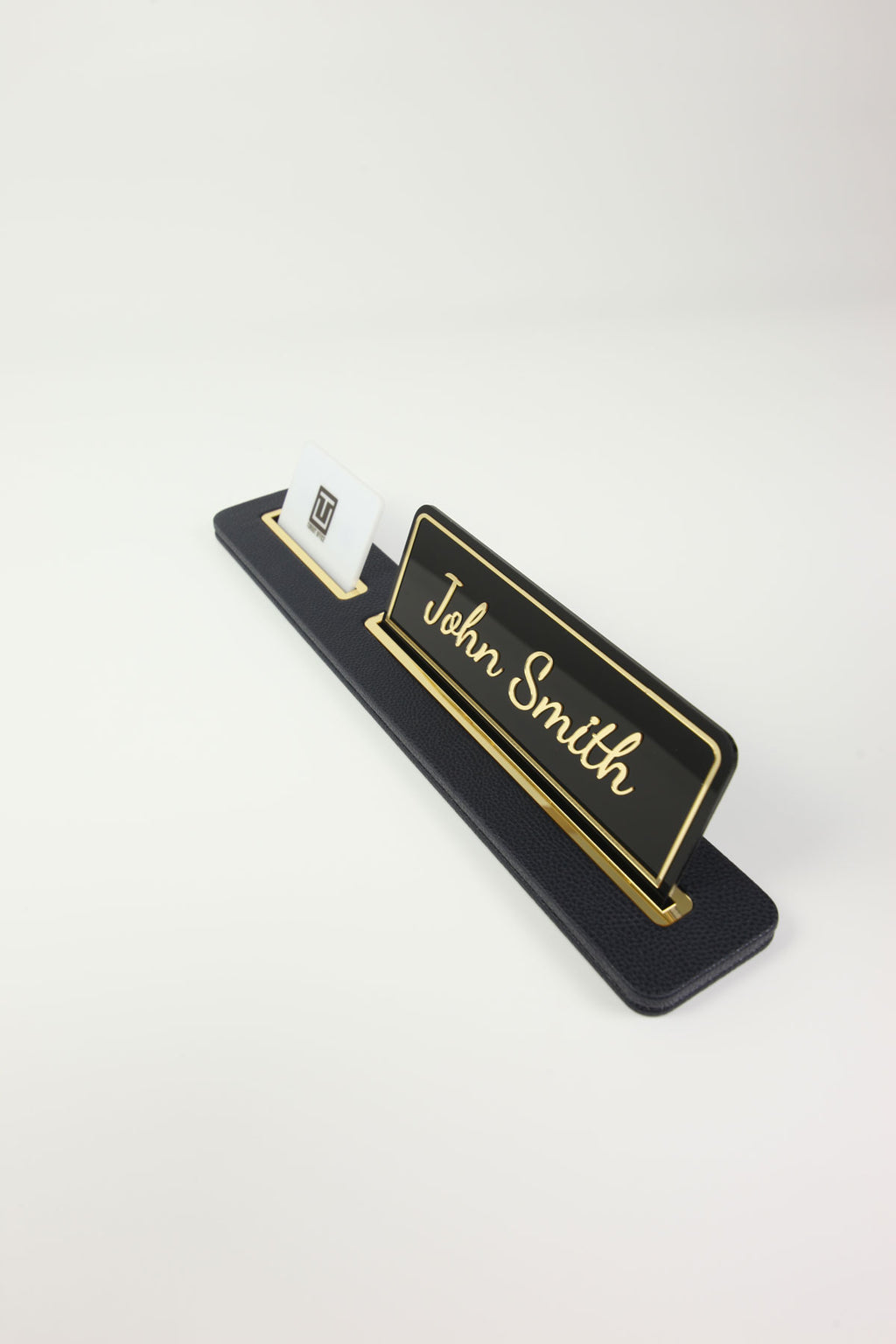 Leather Desk Nameplate Black Long Gold Detailed - Nameplate and Business Card Holder