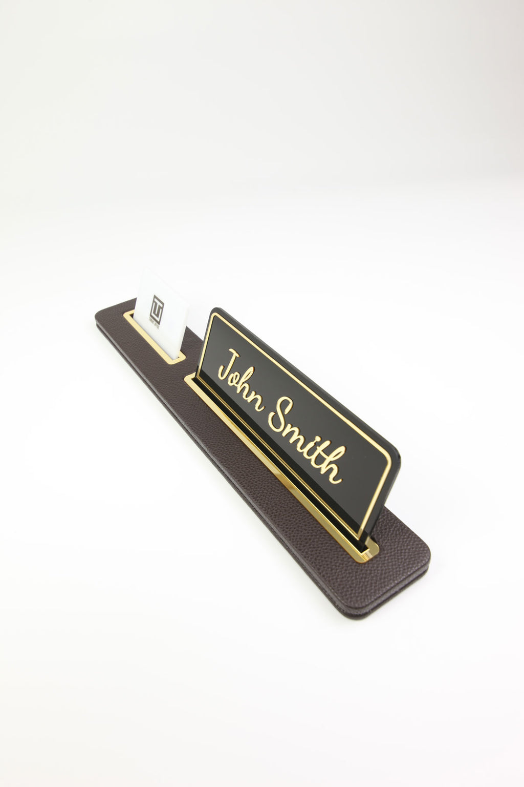 Leather Desk Nameplate Black Long Gold Detailed - Nameplate and Business Card Holder