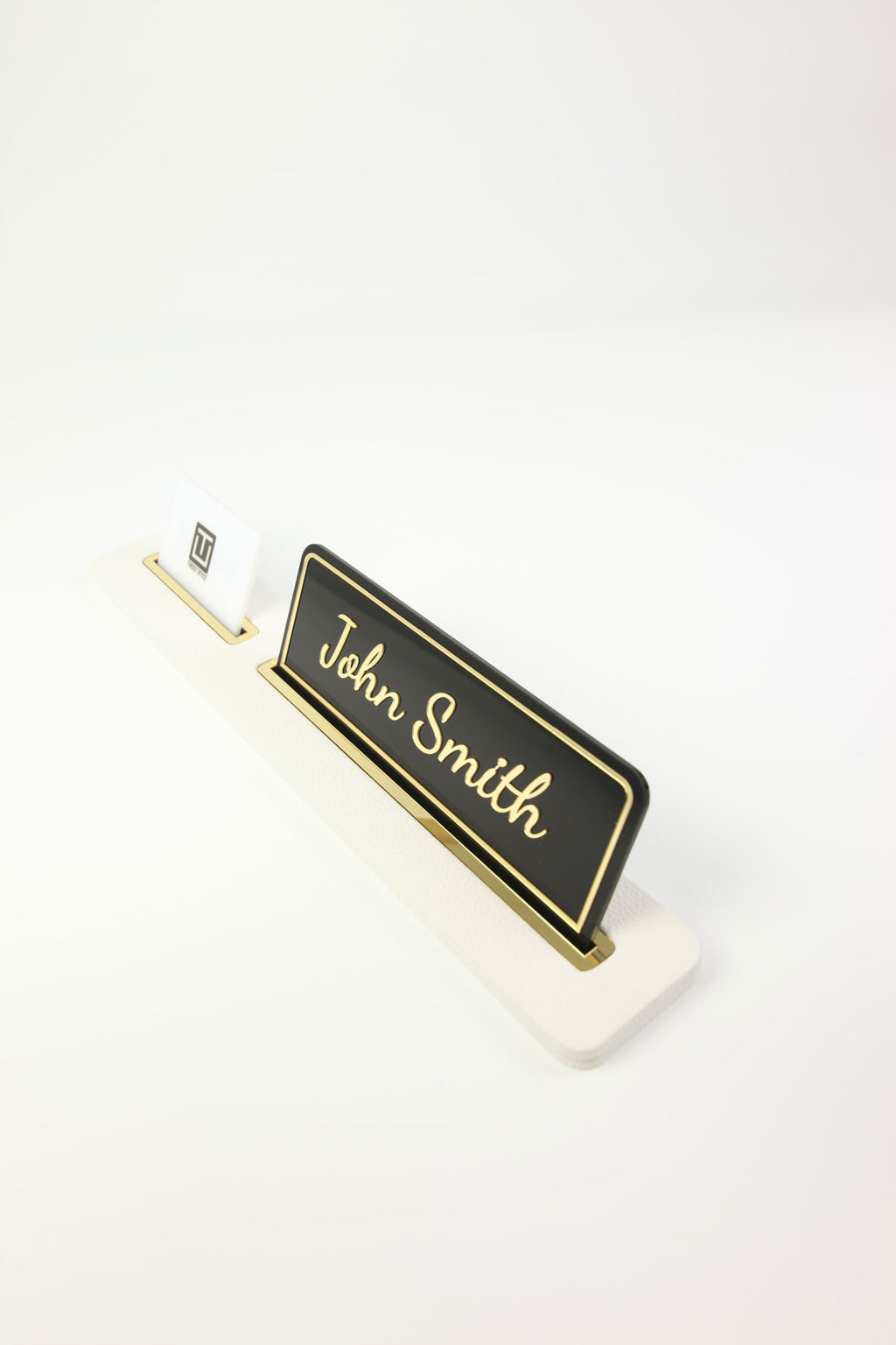 Leather Desk Nameplate Black Long Gold Detailed - Nameplate and Business Card Holder