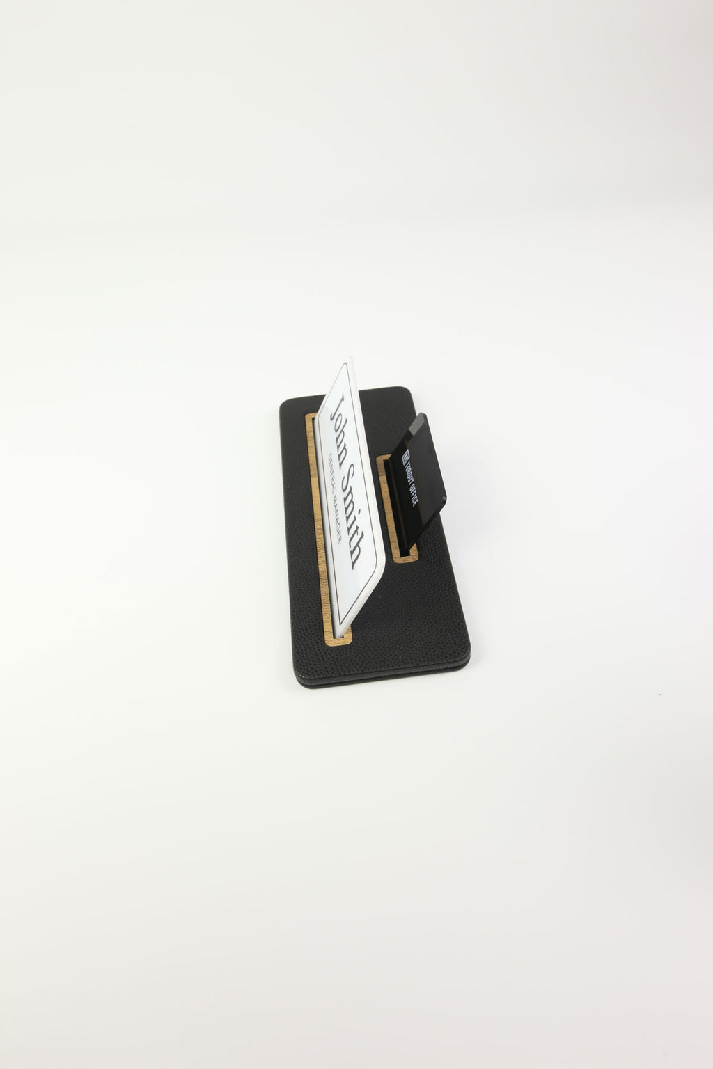 Leather Desk Nameplate Black Wood Detail - Nameplate and Business Card Holder